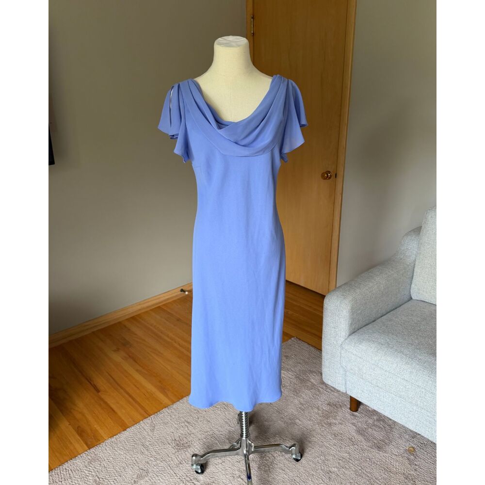 Metaphor Y2K Periwinkle Midi  Ruffle Cap Sleeve Cowl Neck Sheath Dress 14 VTG